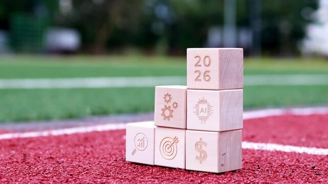 Wooden blocks with engraved symbols sit on a red track, representing strategic planning and future aspirations for 2026. Each block shows graphics symbolizing growth and innovation