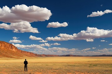 Solitary Figure Contemplating Vast Australian Outback Landscape Under a Sky Filled with Puffy Cumulus Clouds