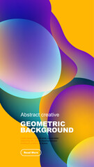 Vibrant abstract shapes overlap black background. Gradient colors create modern design, text present below forms.