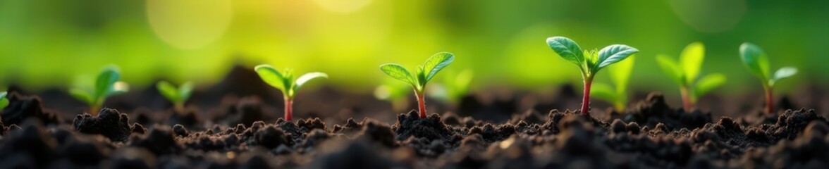Vibrant young tomato seedlings emerge from dark soil , indoor, vegetables