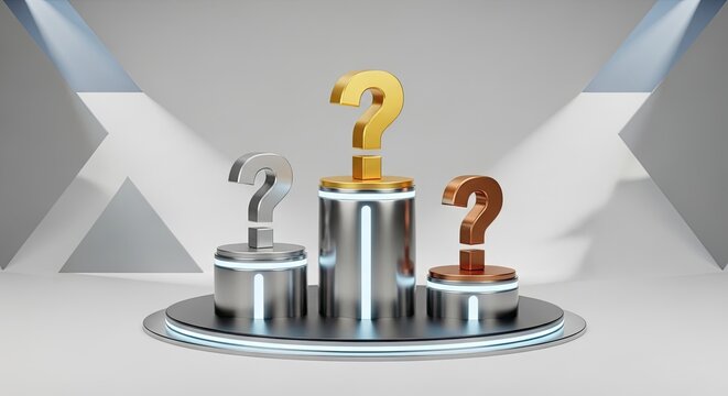 Gold silver bronze question marks on podiums, representing choices, challenges, and solutions