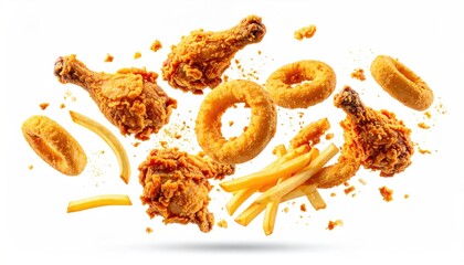 Crispy fried chicken pieces, onion rings, and fries suspended mid-air on white