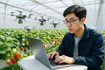 Young scientist using laptop in smart greenhouse with flying agricultural drones monitoring strawberry crops in background under bright natural light. Ai generative