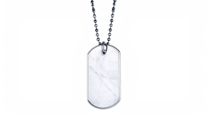 A single silver military-style tag hangs from a beaded chain against a white background
