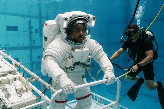 Astronaut training underwater with support diver in simulation pool for space mission preparation and science practice background concept light environment. Ai generative