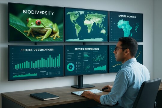 Scientist analyzing biodiversity data on multiple digital screens with global maps, species charts, and a frog on a leaf in a science lab background. Ai generative