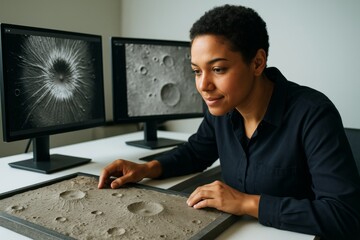 Female scientist examining lunar surface model with crater analysis on dual monitors in bright laboratory setting, space exploration research concept. Ai generative
