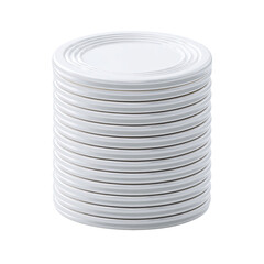 Obraz premium A neatly stacked column of numerous small, round, white plates with subtle concentric rings, creating a cylindrical form