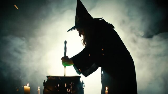 Mysterious Witch in Silhouette Stirs a Bubbling Cauldron Amidst Swirling Smoke and Magical Sparks.