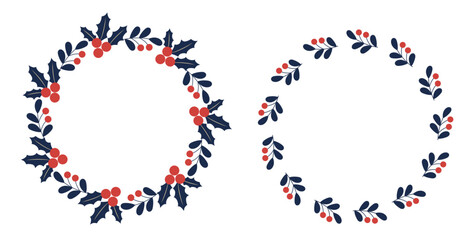 Christmas Wreath Round Frames with Holly and Berries Set. Isolated Traditional circular empty frame with copy space, holiday design template. Vector illustration for Xmas invitations, card Not AI