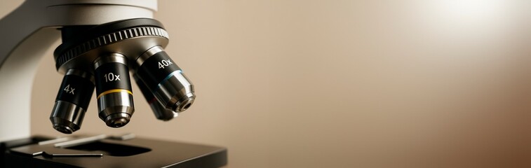 Close-up of microscope objective lenses on soft light brown background with empty copyspace for medical or scientific banner design template. Ai generative