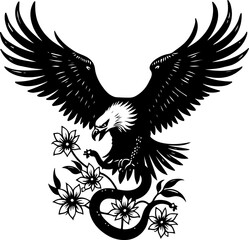 Obraz premium Engraved Eagle with Snake and Floral Tattoo Design