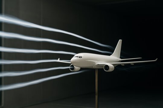 Airplane model in wind tunnel testing with visible airflow streamlines on dark background in controlled scientific environment. Ai generative