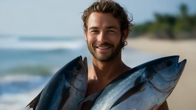 Young caucasian male enjoying beach fishing with catch of large fish