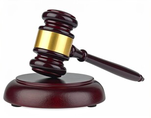 A shiny wooden gavel with gold band, on a matching base, angled slightly to the side