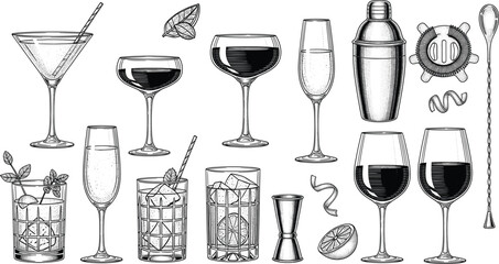 Vintage bar tools and drinkware illustration with cocktail glasses, garnishes, citrus reamer, jigger — classic mixology setup in sketch style