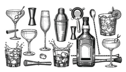 Vintage cocktail tools and drinkware illustration with shaker, jigger, strainer, garnishes, splashes — classic mixology set in sketch style © Vex flow