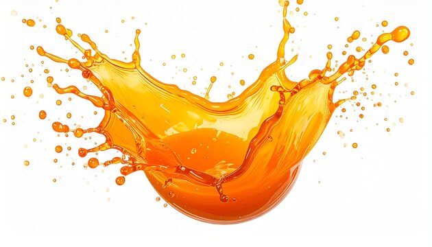 Render a vibrant splash of orange liquid mid-motion with flying droplets and translucent curves, isolated on a clean background to emphasize energy, freshness, and dynamic fluid texture.