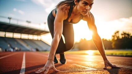 Female runner poised at the starting line of a track and field stadium