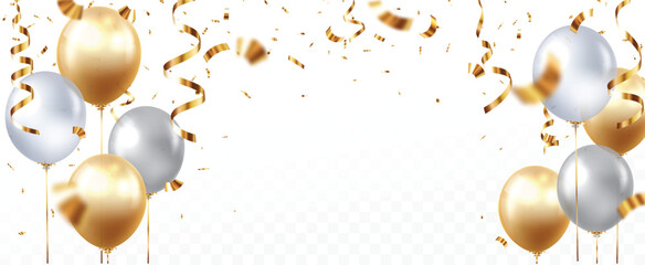 Gold and silver balloons with confetti, new design for Birthday greeting card, banner, and template backgrounds