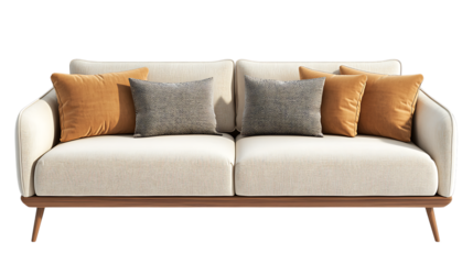 Modern white sofa with decorative pillows and wooden legs