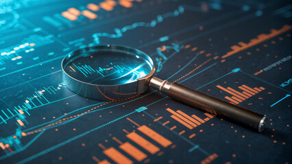 Magnifying glass analyzing digital financial stock market chart with futuristic data visualization, symbolizing fintech research, data analysis, investment strategy, and digital economy growth