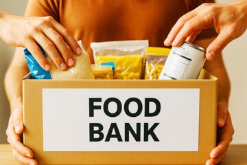 Close-up of hands placing food items into a cardboard box labeled FOOD BANK on a light background, symbolizing charity and community support.