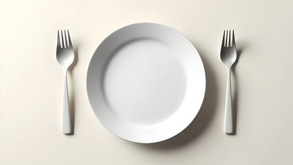 Minimalist still life of an empty plate with fork and spoon neatly arranged on a table, representing dining, food preparation, or the concept of hunger and simplicity. Clean design, high detail, symbo