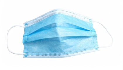 Light blue disposable face covering with white ear loops, isolated on white background