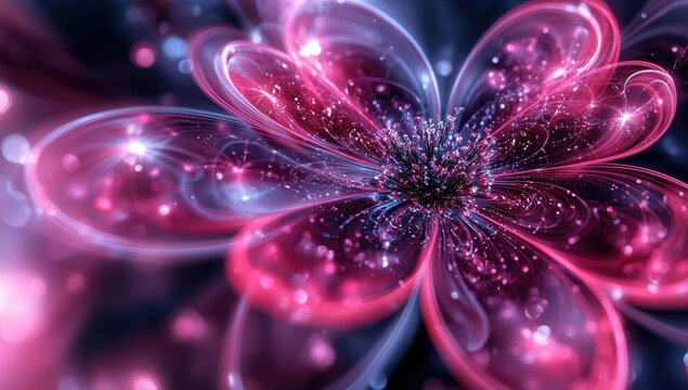 Glowing, surreal, fractal flower with radiant pink petals - Powered by Adobe