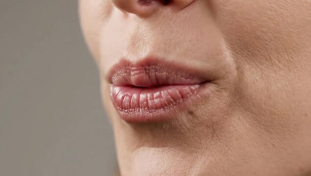 Close up of woman mouth practicing diction and pronouncing vowels