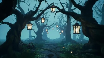 Mystical LanternLit Path Through Enchanted Forest at Twilight Atmospheric Fantasy Scene. - Powered by Adobe