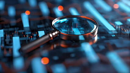 Magnifying glass focusing on glowing circuit board with blue and orange lines, symbolizing cybersecurity analysis, digital investigation, and futuristic technology innovation