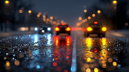 Obraz premium Star bokeh of traffic lights on a rainy night through a wet window urban city street glow defocused sparkle abstract background for festive mood and atmospheric design with copy space