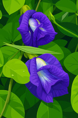 The image shows two vibrant blue butterfly pea flowers (Clitoria ternatea) blooming among lush green leaves. The petals are deep violet with shades of lighter blue and white at the center, giving them