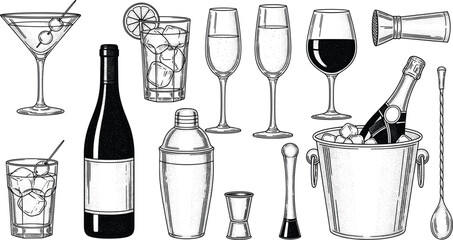 Vintage bar tools and glassware illustration with cocktail shaker, wine bottle, jigger, ice bucket, strainer, spoon, and drink glasses