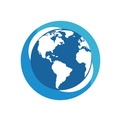 Fototapeta premium Globe icon with blue swirling rings on white background Keywords: globe, earth, world, planet, map, continents, South America, North America