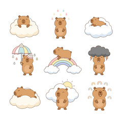 Capybaras showing diverse weatherrelated emotions, ideal for weatherrelated articles, blog posts, educational materials, or social media content.