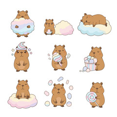 Cute brown bears enjoying colorful sweets and fluffy clouds, perfect for a vibrant childrens book illustration or candythemed design project.