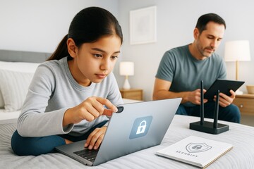 Girl securing webcam on laptop with lock icon while man uses tablet in bedroom, showing internet safety concept in modern light background. Ai generative