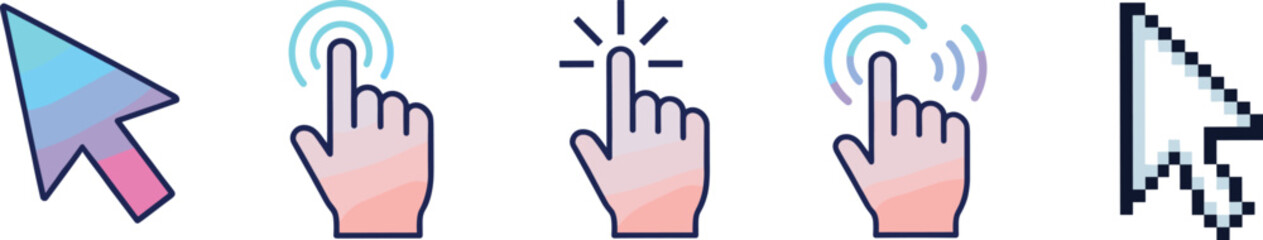 Stylized cursor and hand gesture icon set with gradient arrows, ripple effects, pixel styles, tap indicators, and UI symbols