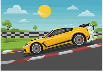 Yellow Sports Car Drifting on a Racetrack with Checkered Barrier.