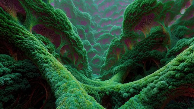 Abstract digital art piece that appears to be a kaleidoscope of green and pink colors. the background is filled with a variety of shapes and patterns that create a sense of depth and dimension. - Powered by Adobe