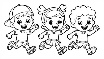 Happy Kids Running Coloring Page Vector, Cute Children Cartoon Illustration, Group of Children Running Coloring Book Page, Fun Printable Vector for Kids, Cute Boys and Girl Running Line Art.