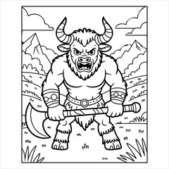 Minotaur Coloring Page Vector, Mythical Bull Warrior Line Art for Kids and Adults, Fantasy Minotaur Coloring Book Illustration, Legendary Monster Printable Vector, Mythical Beast Minotaur Coloring.