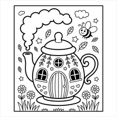 Teapot House Coloring Page Vector, Cute Fairy Tale Cottage Illustration for Kids, Cartoon Teapot Coloring Book Page, Magical Home Printable Vector for Children, Fantasy Teapot House Coloring Sheet.