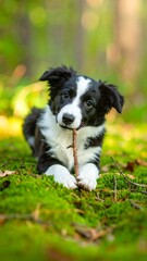Fototapeta premium Cute puppy playing with a stick in the forest