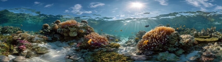 Fototapeta premium Vibrant coral reef scene underwater paradise hdr panoramic view tropical environment 360-degree perspective