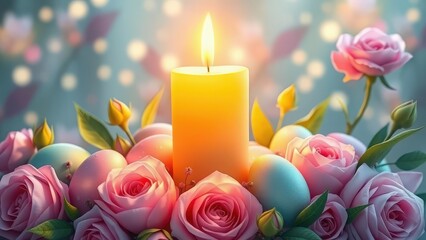 A beautiful arrangement of pink roses and colorful Easter eggs surrounding a glowing candle, creating a warm and festive atmosphere.