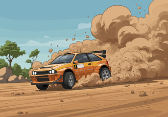 Cartoon Rally Car Racing Through Dust Cloud on a Dirt Track.